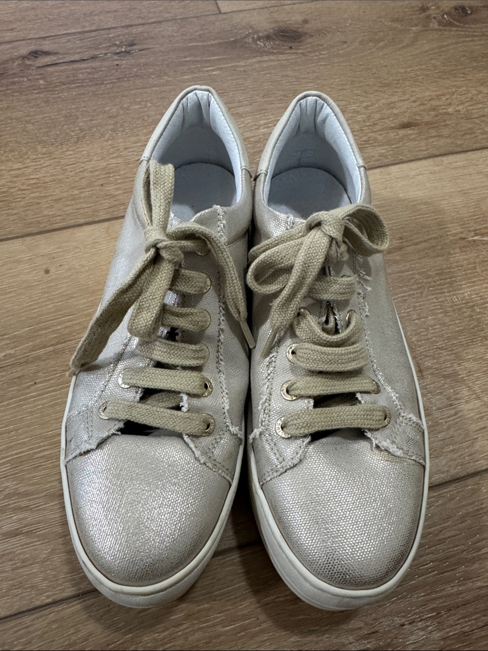 J Slides Women's Metallic Light Beige Lace-Up Sneakers